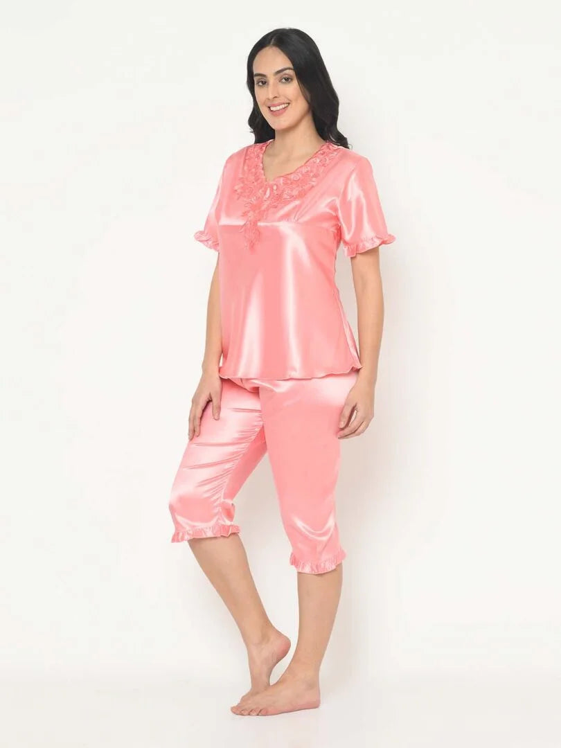 Lace Detail Satin Nightwear Capri Set - Da Intimo - Lingerie Online Store India