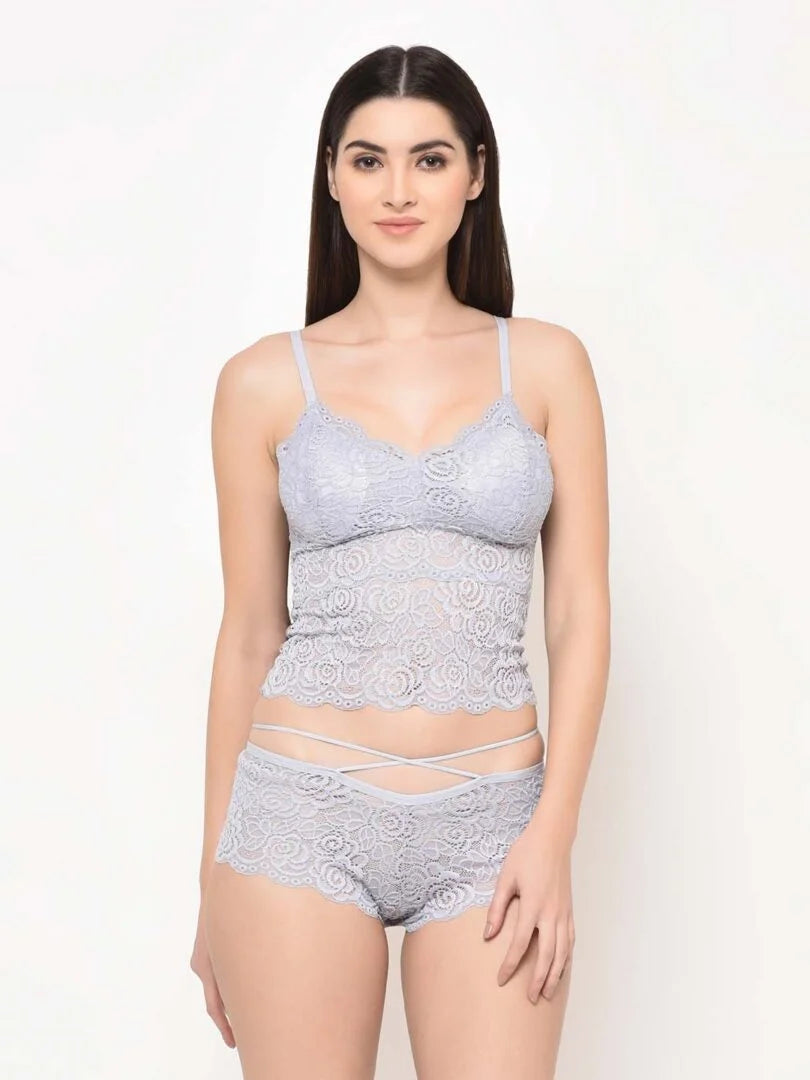 Grey Long line Lace Bralette Set Da Intimo