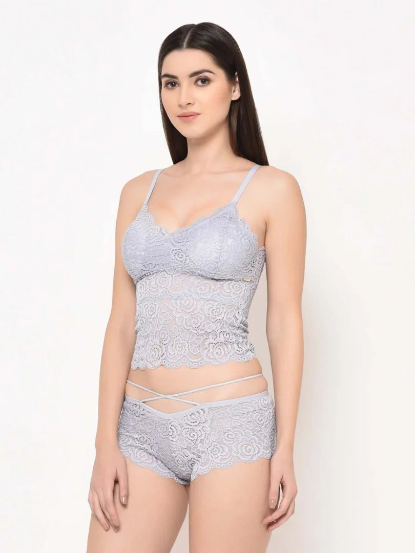 Grey Long line Lace Bralette Set - Da Intimo - Lingerie Online Store India