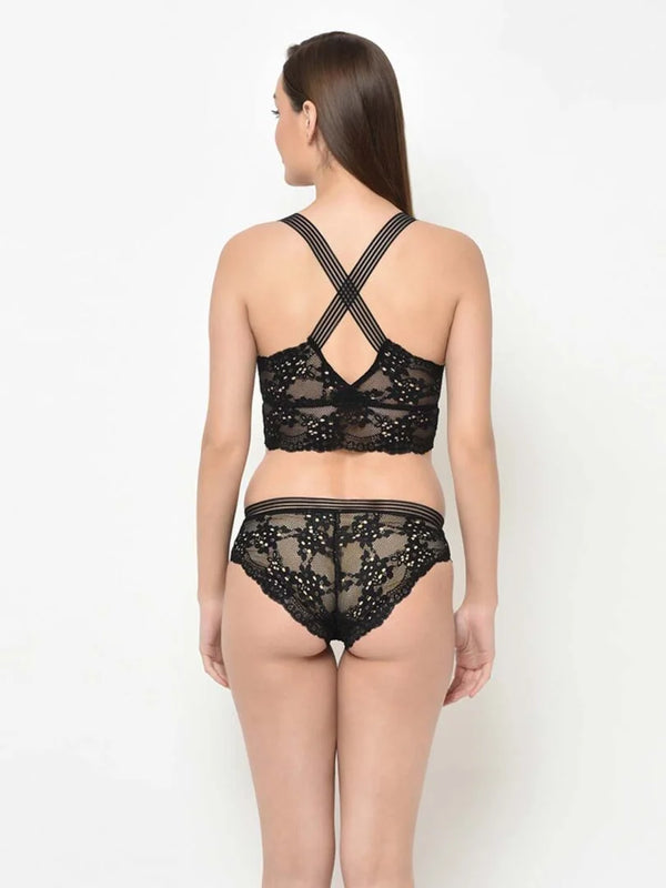 Black Lacy Criss Cross Pretty Back Bralette Set - Da Intimo - Lingerie Online Store India