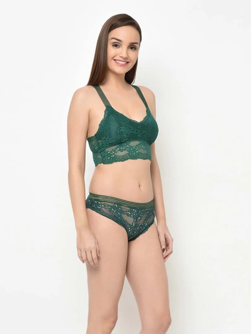 Green Lacy Criss Cross Pretty Back Bralette Set - Da Intimo - Lingerie Online Store India