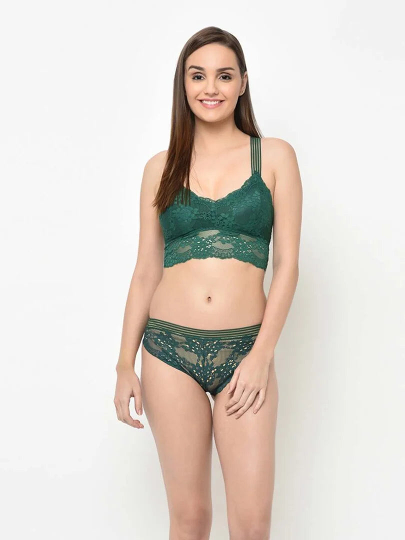 Green Lacy Criss Cross Pretty Back Bralette Set - Da Intimo - Lingerie Online Store India