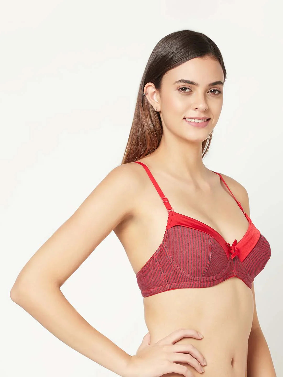 Women Cotton Red And Black Stripes Non Padded Bra