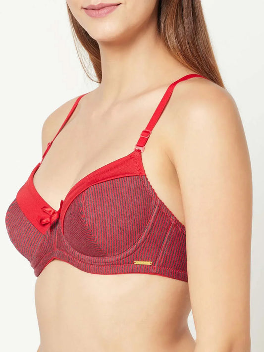 Women Cotton Red And Black Stripes Non Padded Bra