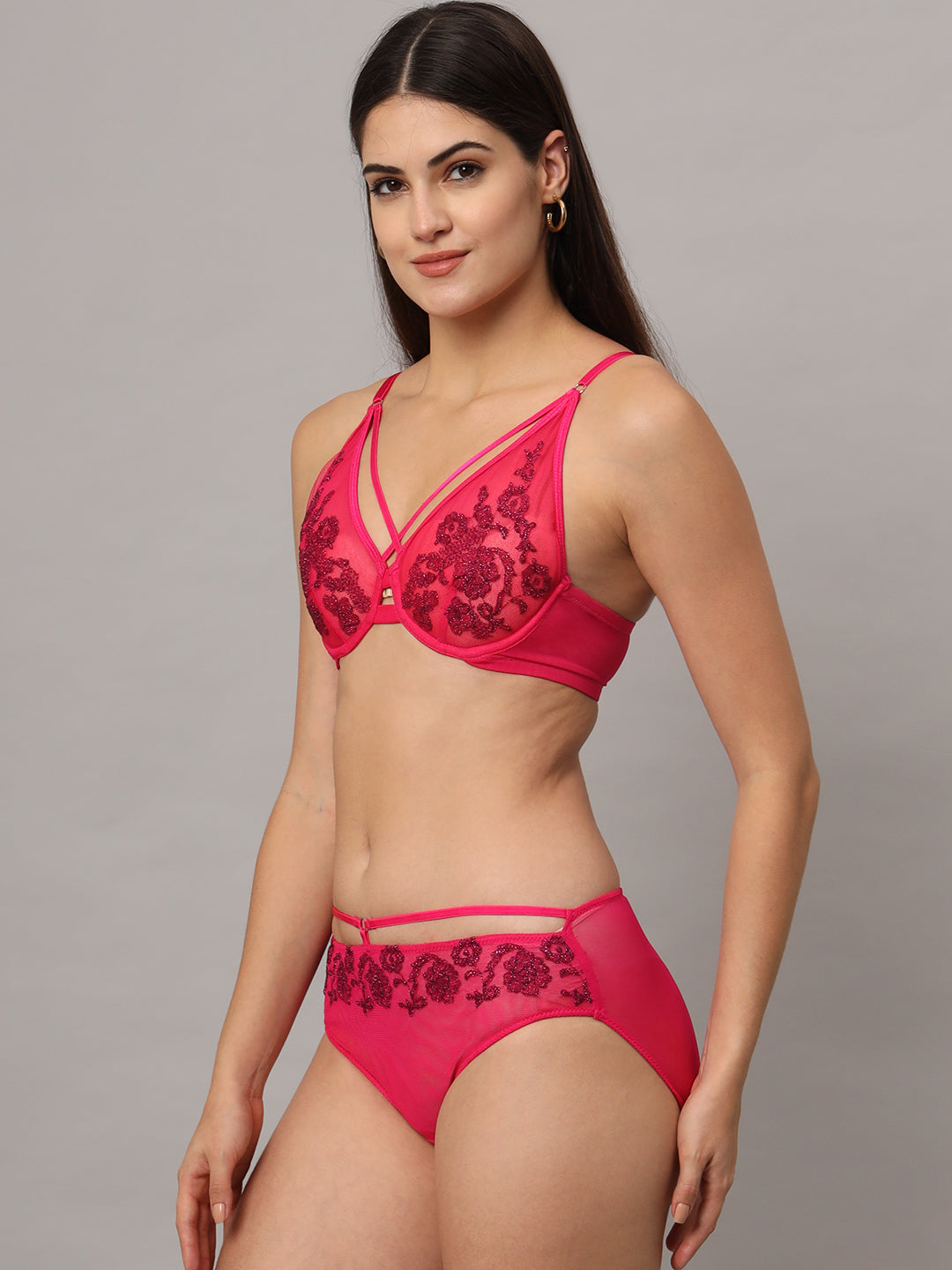 Da Intimo Pink Underwire Embroidered Bridal Lingerie Set