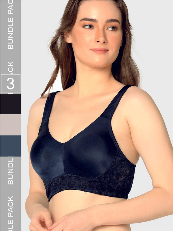 Curvy Love Pack of 3 Plus Size Full Coverage Non Padded Everyday Black & Navy  & Grey Bra