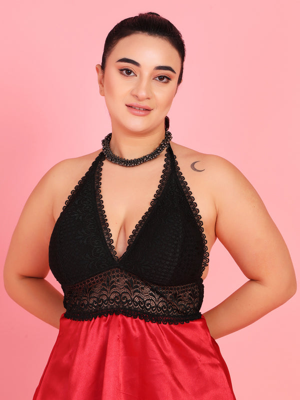Da Intimo Women's Maroon Satin Bridal Lacy Babydoll