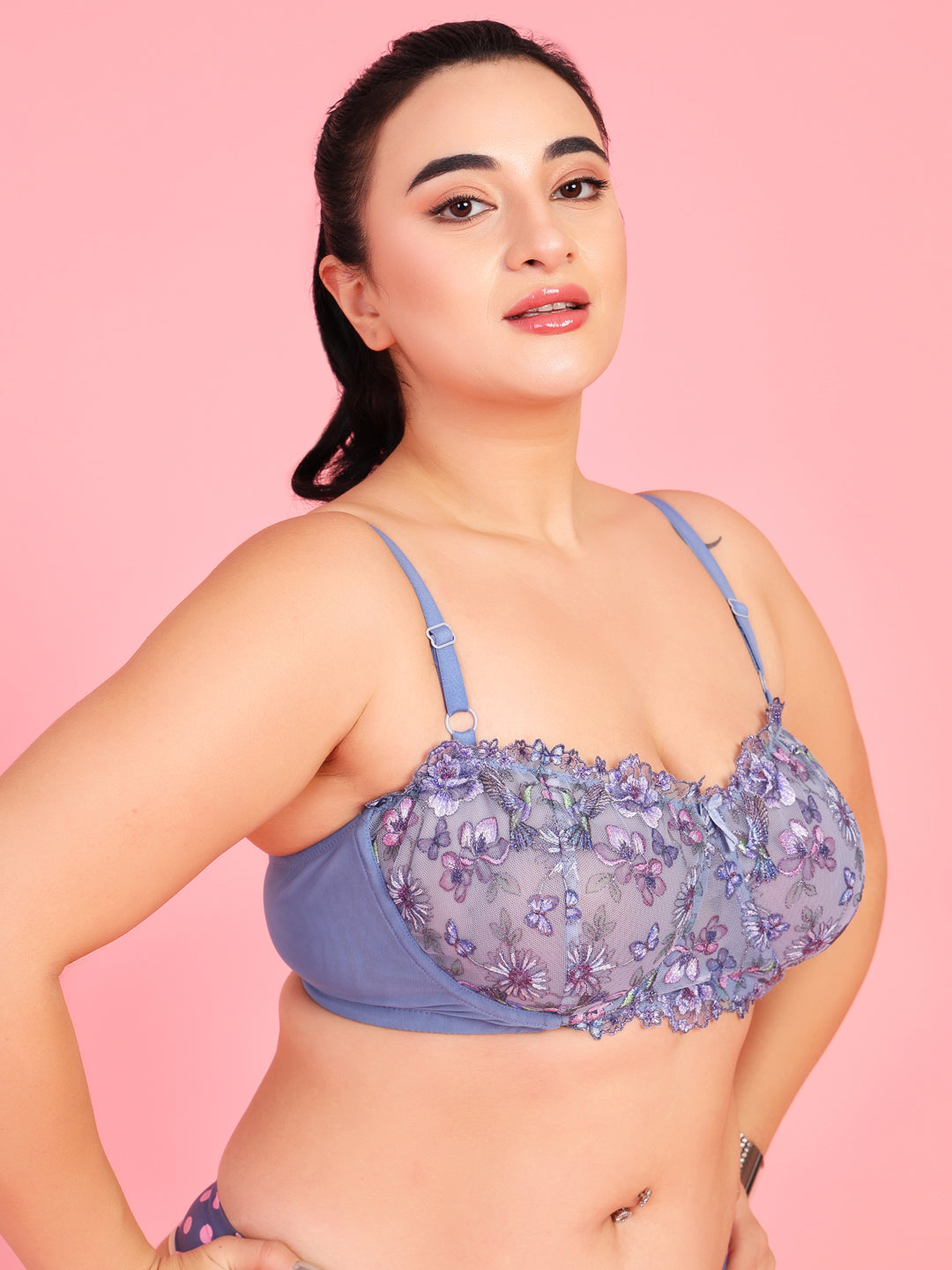 Embroidery Design Underwired Full Coverage Blue Balconette Bra