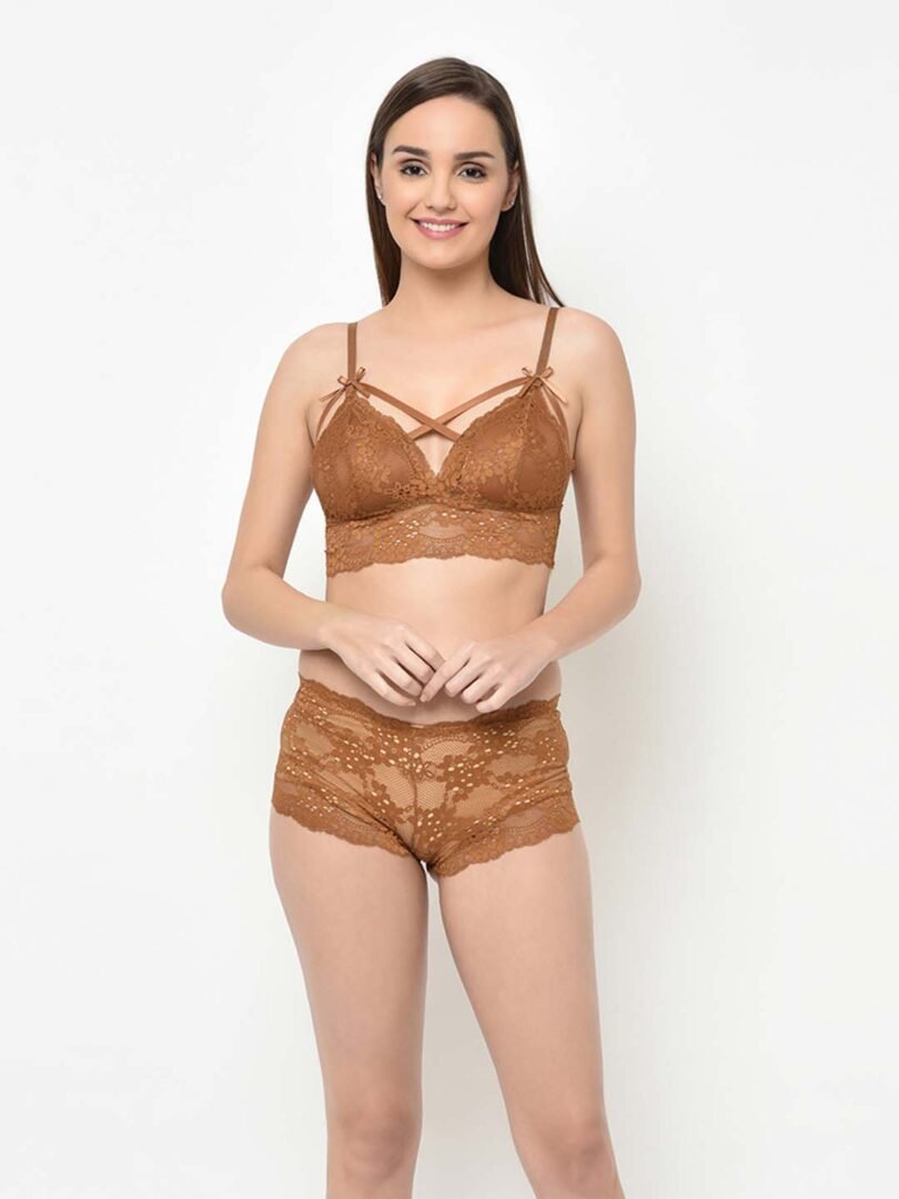 Buy Mustard Smooth Lace Cage Bralette Set